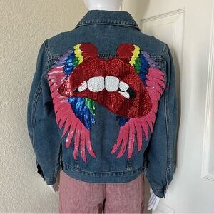 Denimland Cotton Blend Sequin Lips and Wings Blue Button Up Denim Jean Jacket M